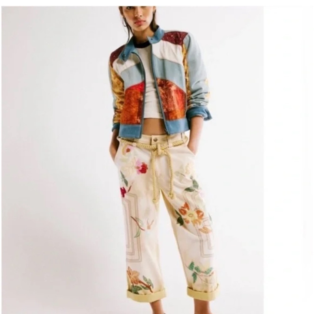 NWT FREE PEOPLE We The Free Ivory/Combo Electric Sands Embroidered Pants SZ: 10
